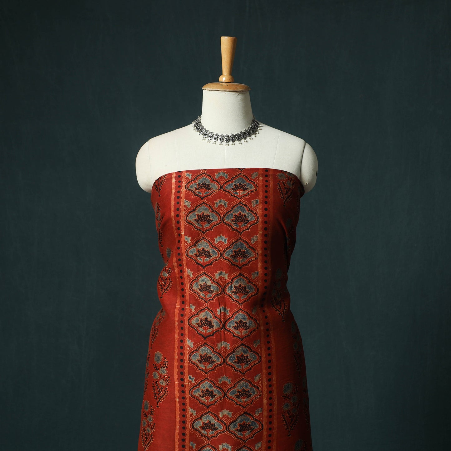 Red - Ajrakh Hand Block Print Chanderi Silk Natural Dyed 2pc Unstitched Dress Material Kurta Set 09