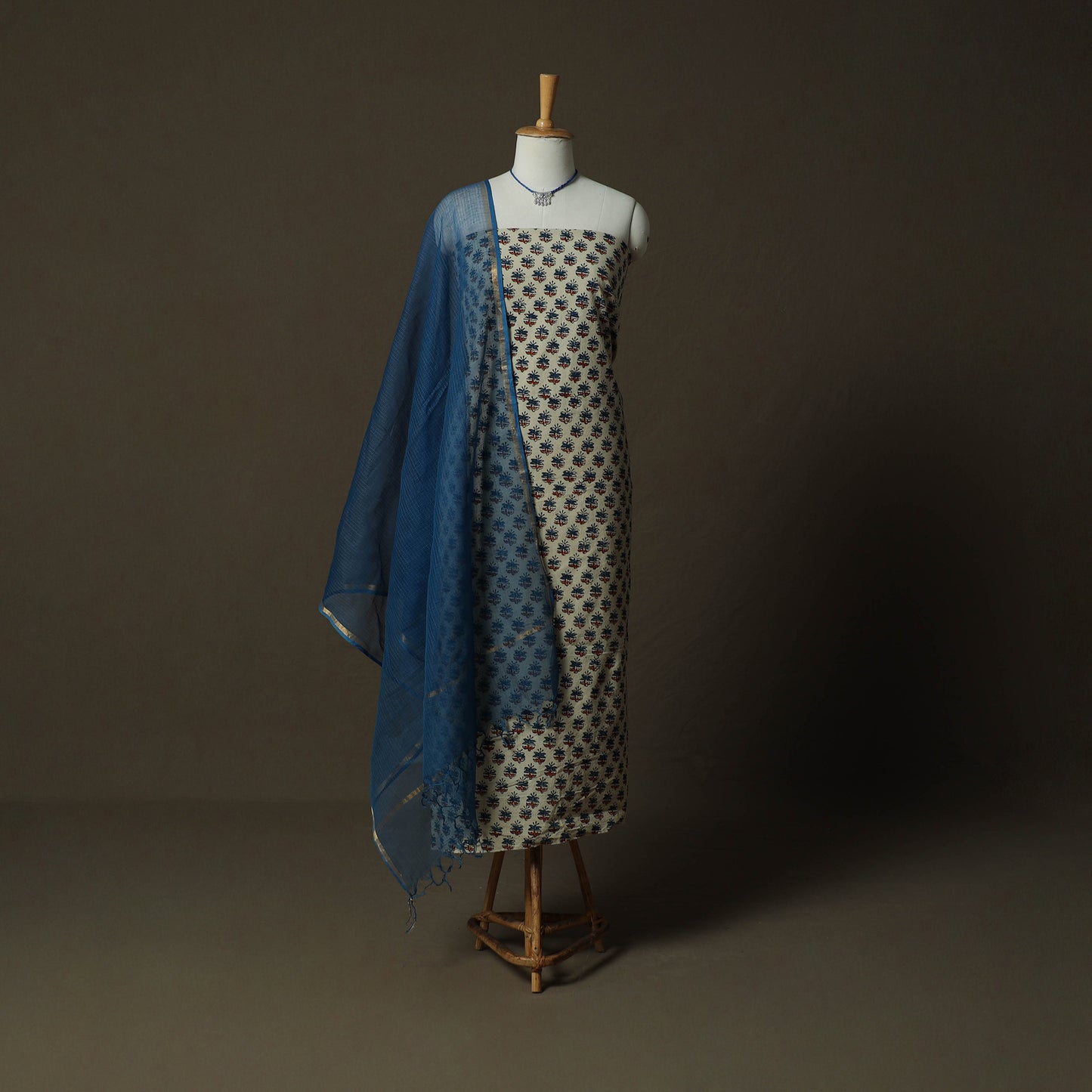 Ajrakh Hand Block Print Natural Dyed 2pc Cotton Unstitched Dress Material Kurta Set with Jewellery 13
