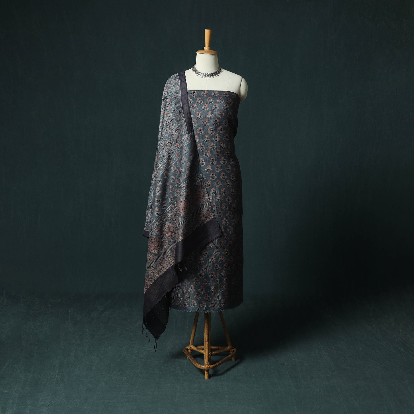 Blue - Ajrakh Natural Dyed Hand Block Print Handloom Tussar Silk 2pc Unstitched Dress Material Kurta Set 11