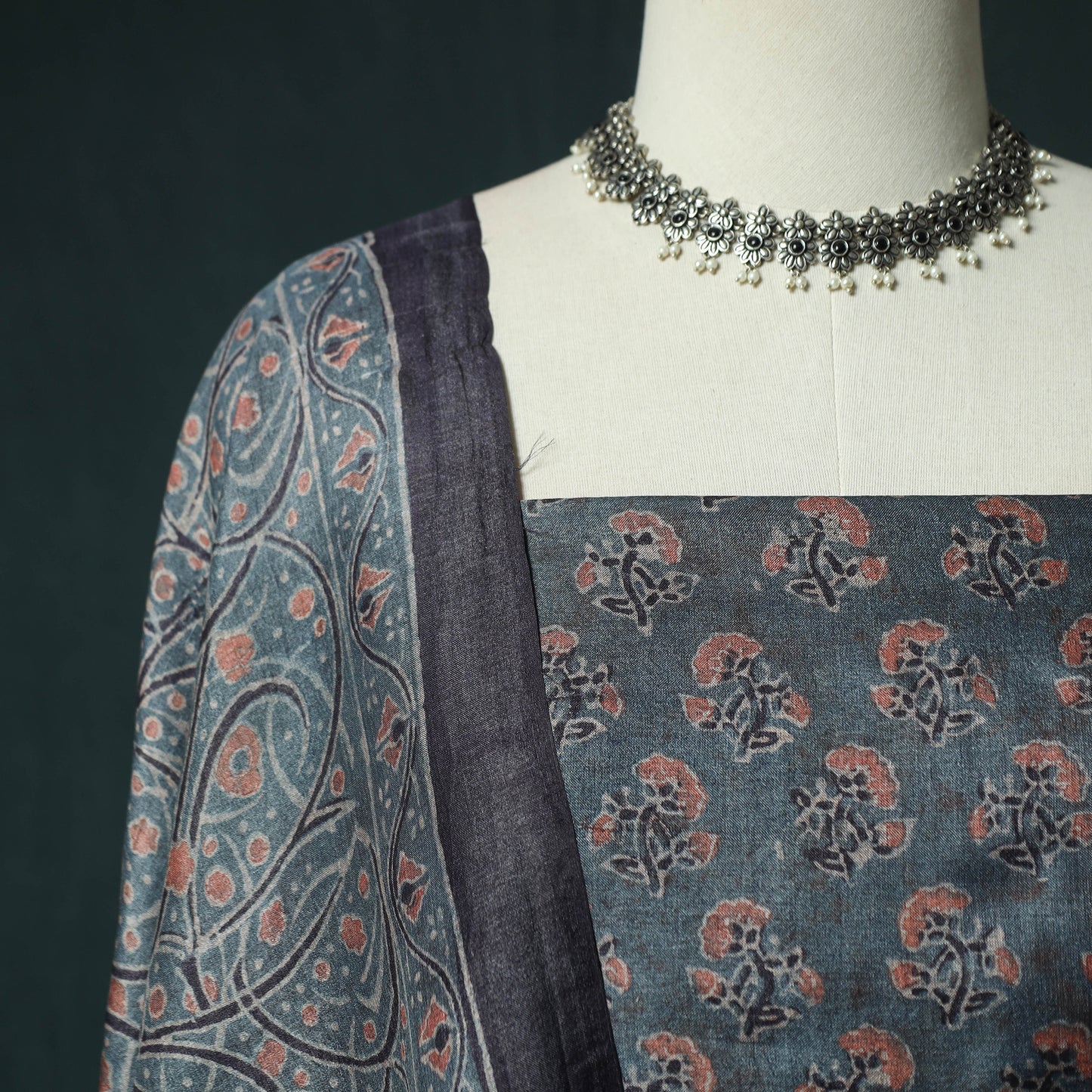 Blue - Ajrakh Natural Dyed Hand Block Print Handloom Tussar Silk 2pc Unstitched Dress Material Kurta Set 11