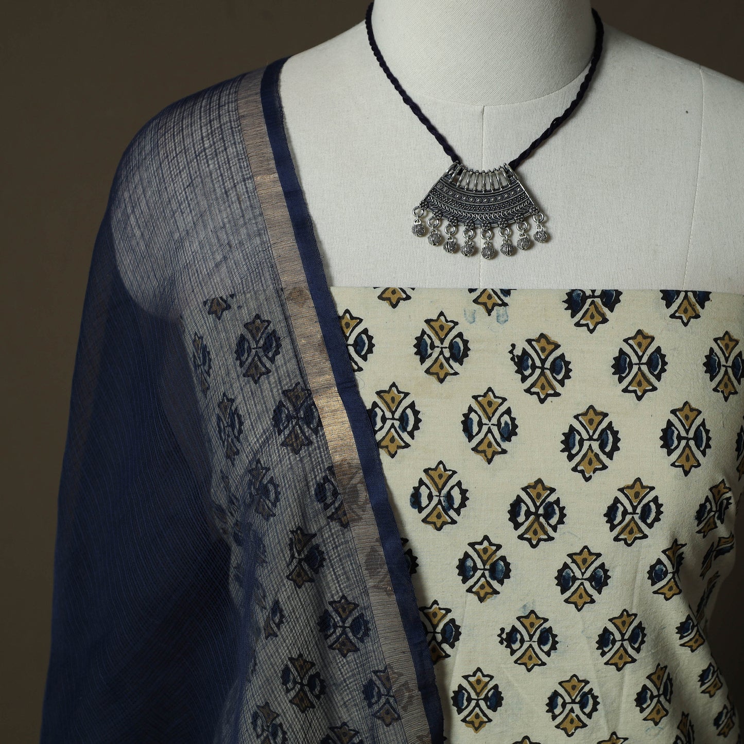 Ajrakh Hand Block Print Natural Dyed 2pc Cotton Unstitched Dress Material Kurta Set with Jewellery 14