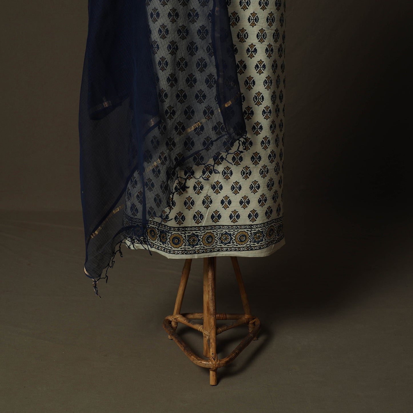 Ajrakh Hand Block Print Natural Dyed 2pc Cotton Unstitched Dress Material Kurta Set with Jewellery 14