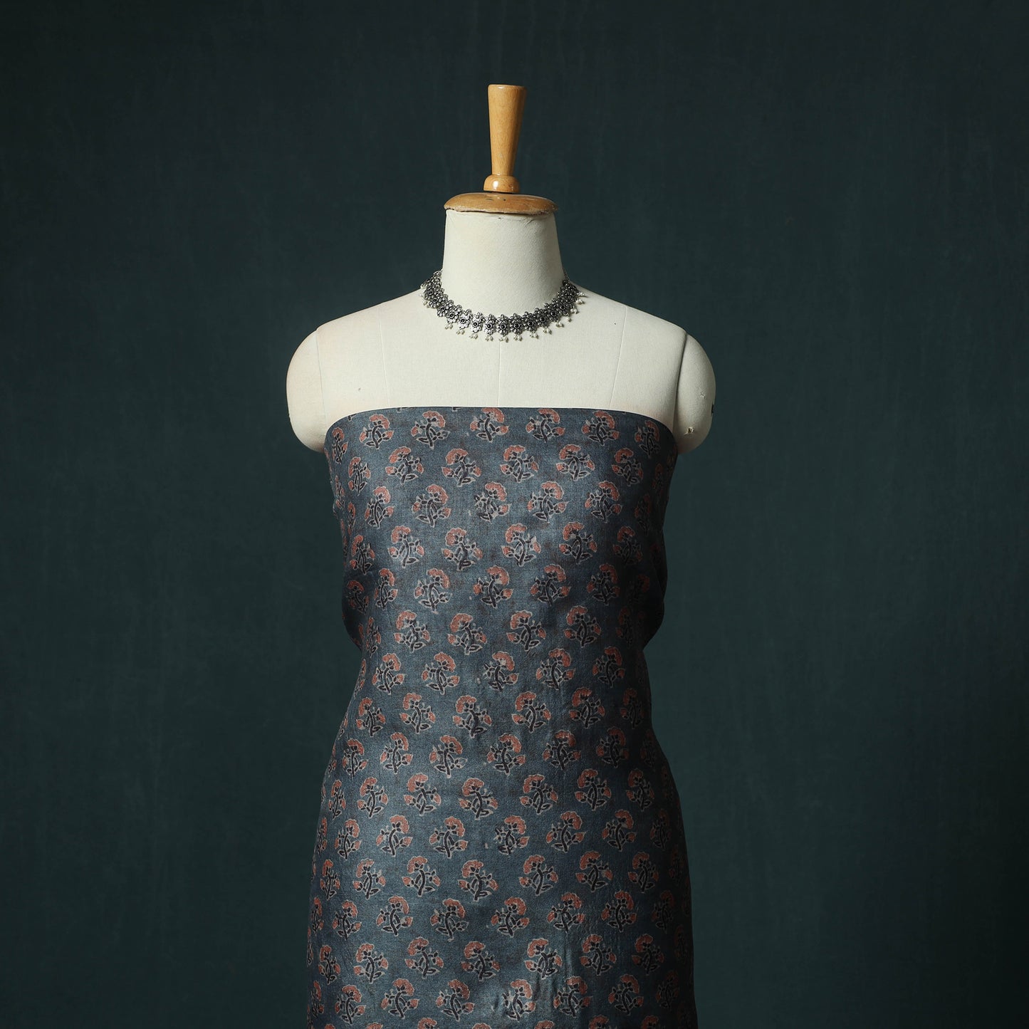 Blue - Ajrakh Natural Dyed Hand Block Print Handloom Tussar Silk 2pc Unstitched Dress Material Kurta Set 11