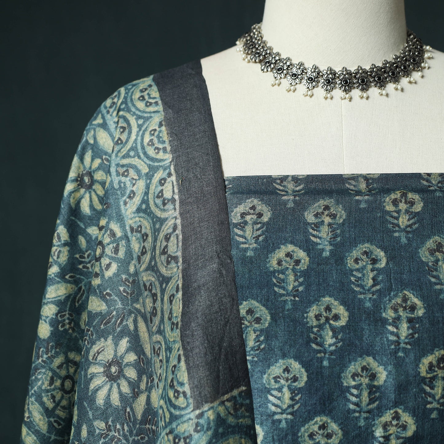Blue - Ajrakh Natural Dyed Hand Block Print Handloom Tussar Silk 2pc Unstitched Dress Material Kurta Set 12