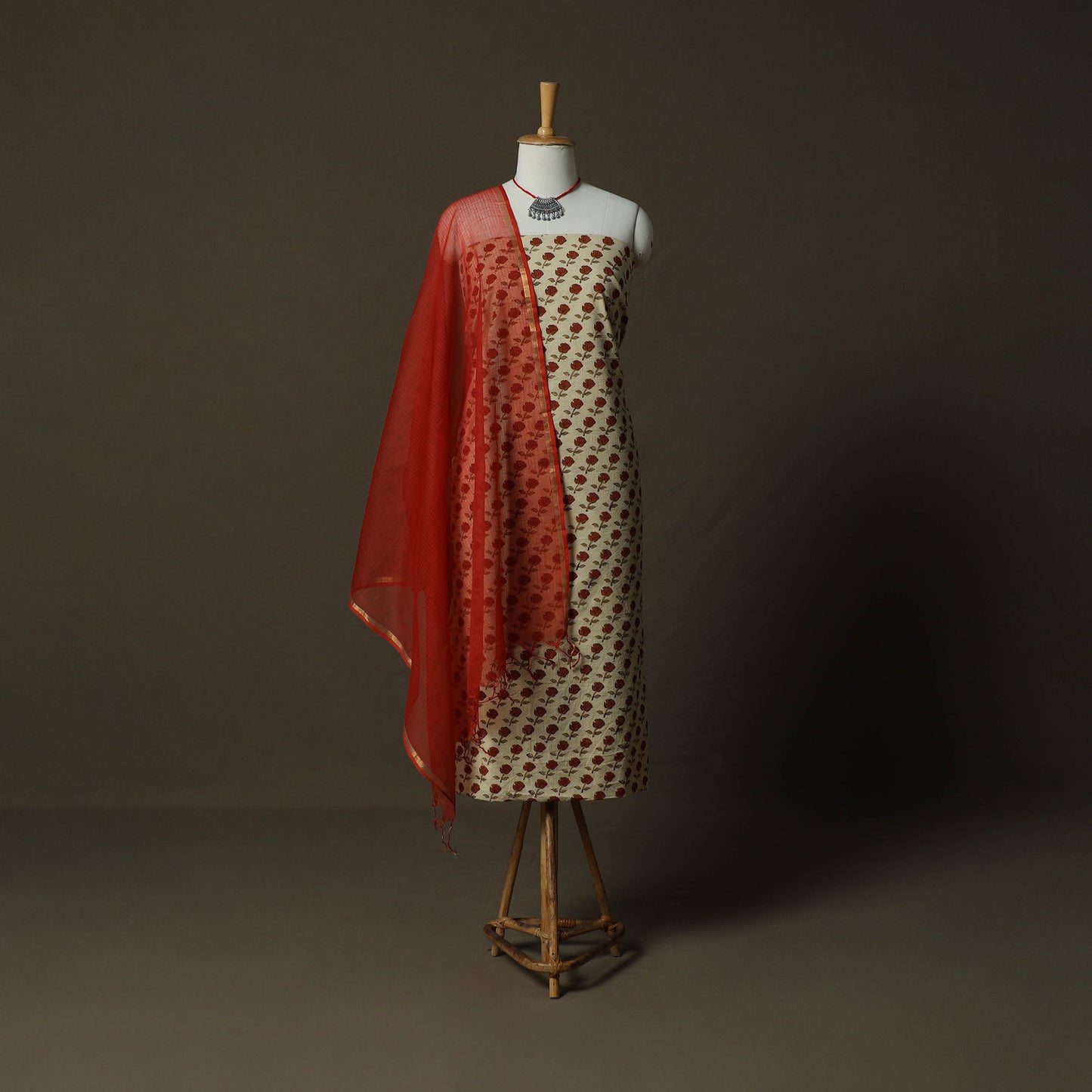 Ajrakh Hand Block Print Natural Dyed 2pc Cotton Unstitched Dress Material Kurta Set with Jewellery 15