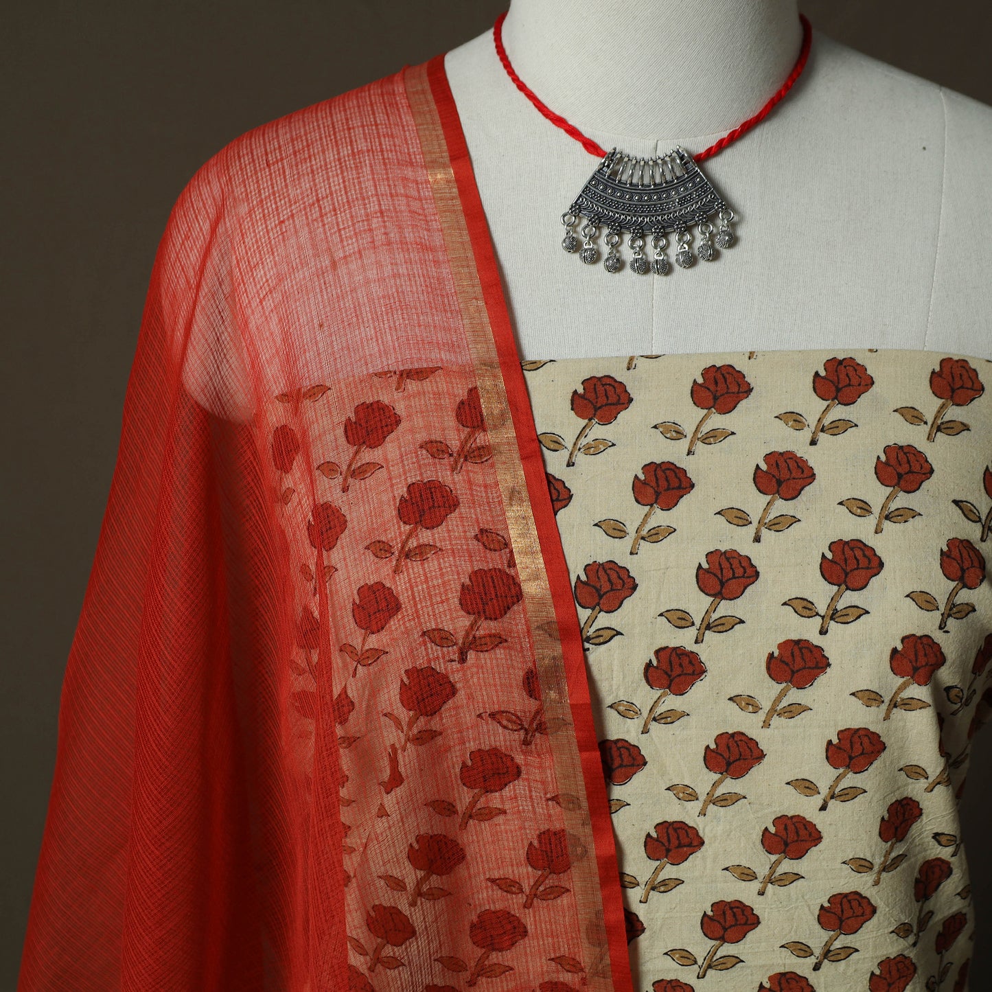 Ajrakh Hand Block Print Natural Dyed 2pc Cotton Unstitched Dress Material Kurta Set with Jewellery 15