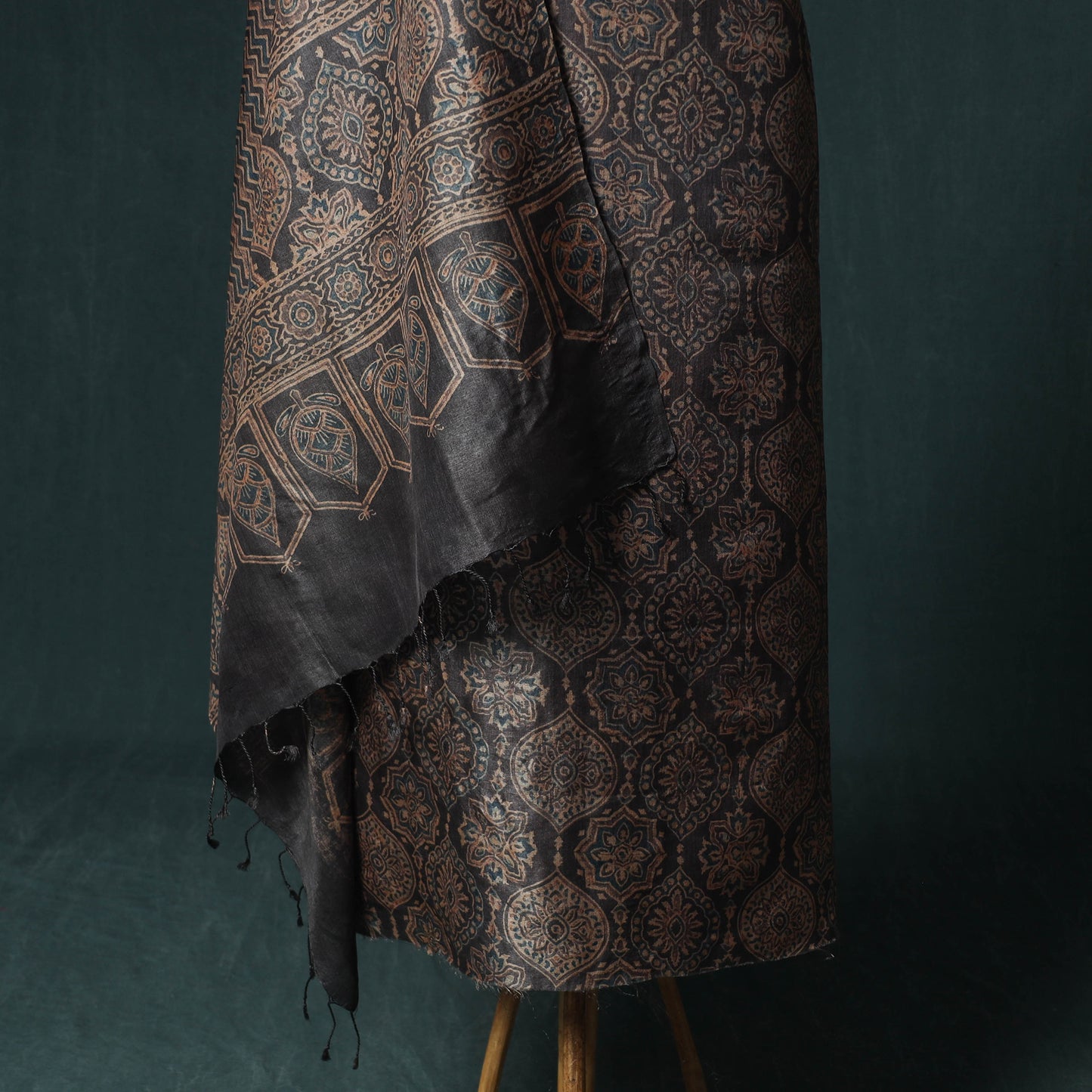 Brown - Ajrakh Natural Dyed Hand Block Print Handloom Tussar Silk 2pc Unstitched Dress Material Kurta Set 13