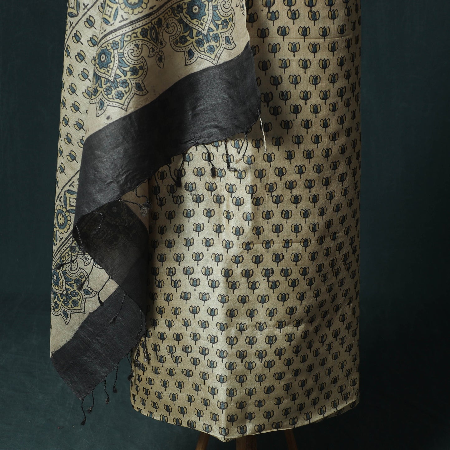 Beige - Ajrakh Natural Dyed Hand Block Print Handloom Tussar Silk 2pc Unstitched Dress Material Kurta Set 14