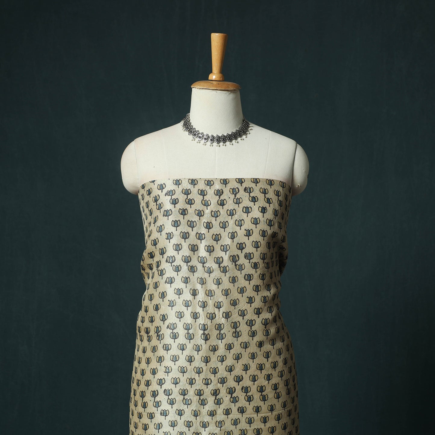 Beige - Ajrakh Natural Dyed Hand Block Print Handloom Tussar Silk 2pc Unstitched Dress Material Kurta Set 14