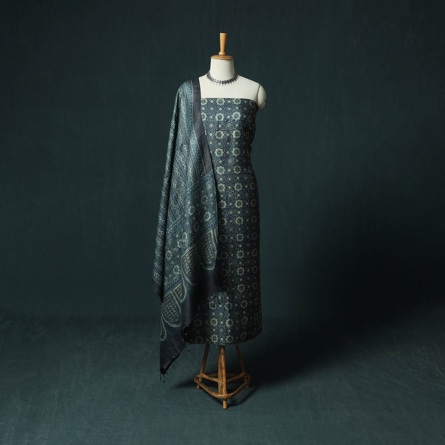 Blue - Ajrakh Natural Dyed Hand Block Print Handloom Tussar Silk 2pc Unstitched Dress Material Kurta Set 15