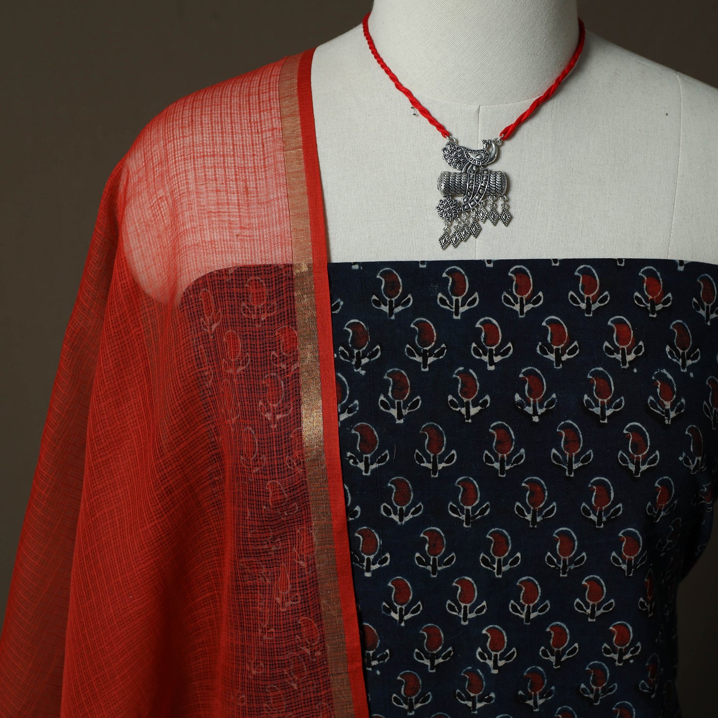 Ajrakh Hand Block Print Natural Dyed 2pc Cotton Unstitched Dress Material Kurta Set with Jewellery 17