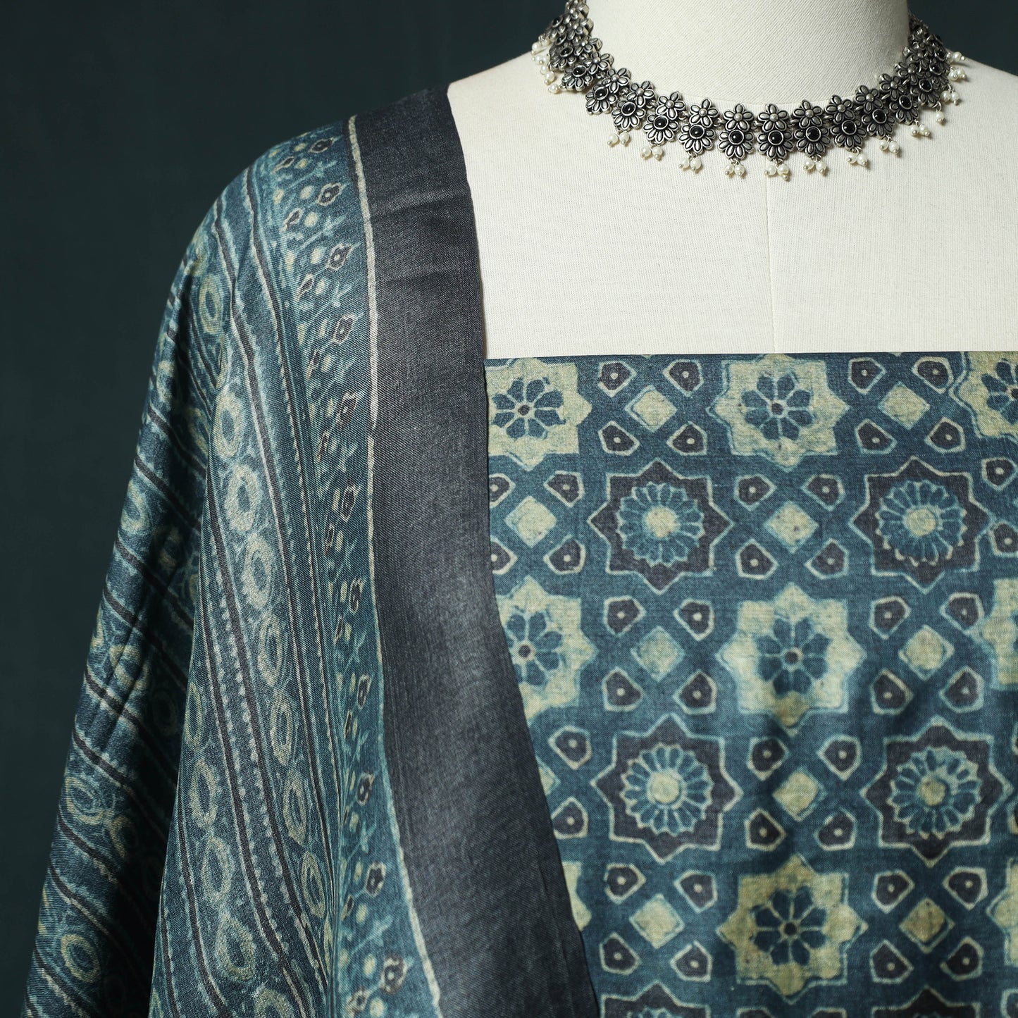 Blue - Ajrakh Natural Dyed Hand Block Print Handloom Tussar Silk 2pc Unstitched Dress Material Kurta Set 15