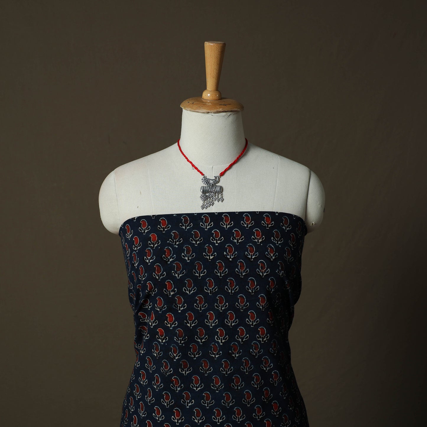 Ajrakh Hand Block Print Natural Dyed 2pc Cotton Unstitched Dress Material Kurta Set with Jewellery 17