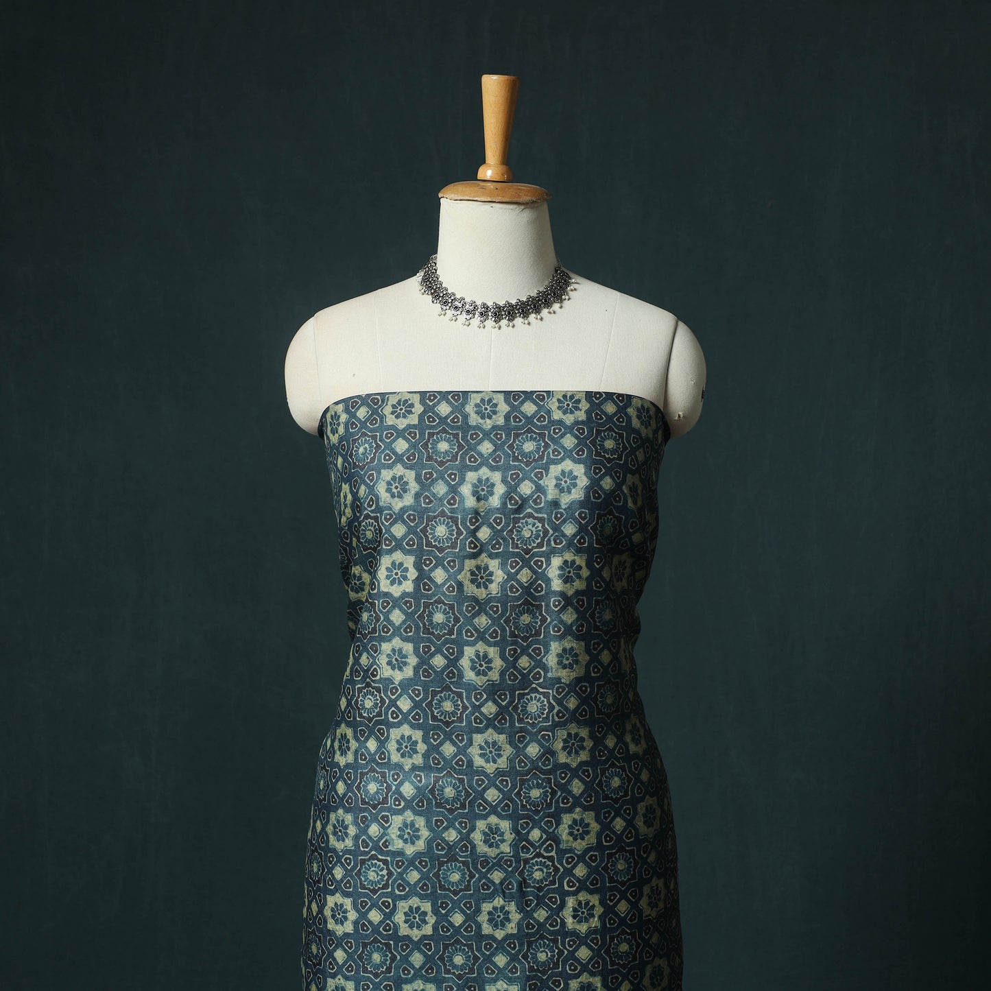 Blue - Ajrakh Natural Dyed Hand Block Print Handloom Tussar Silk 2pc Unstitched Dress Material Kurta Set 15