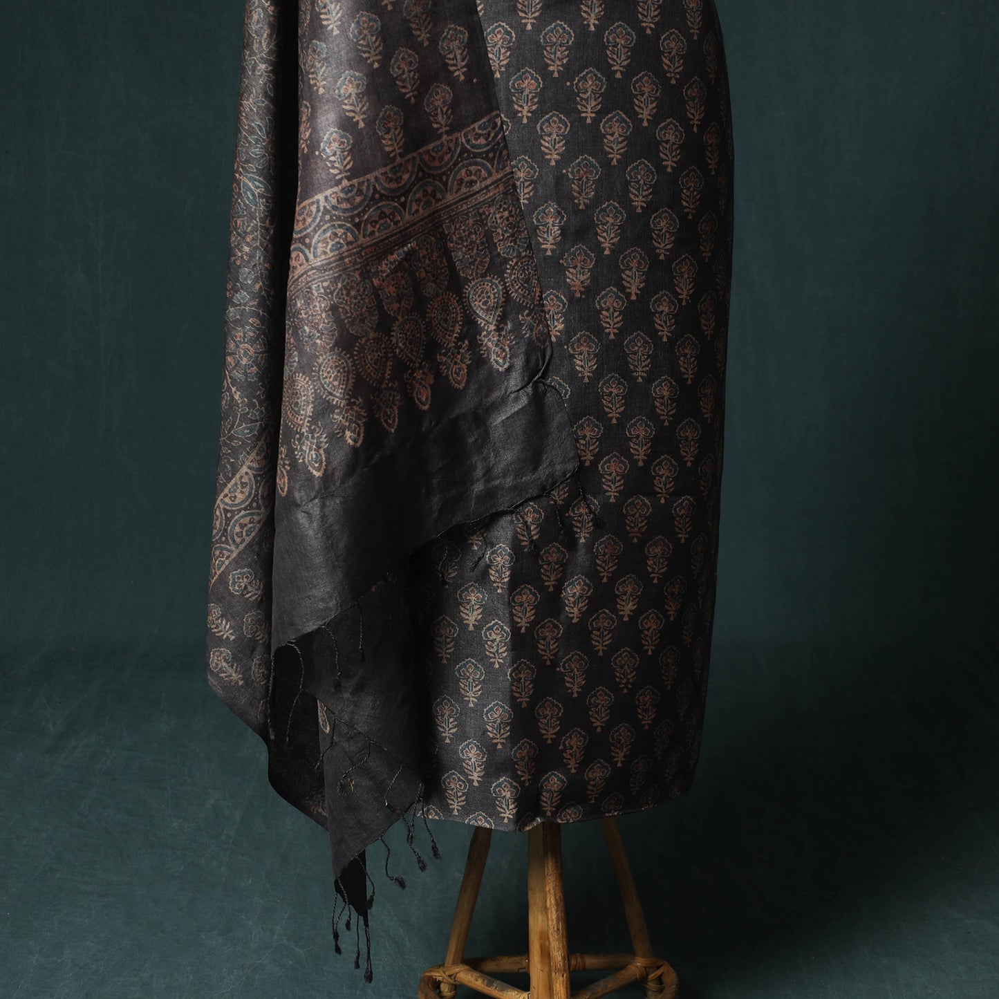 Black - Ajrakh Natural Dyed Hand Block Print Handloom Tussar Silk 2pc Unstitched Dress Material Kurta Set 17