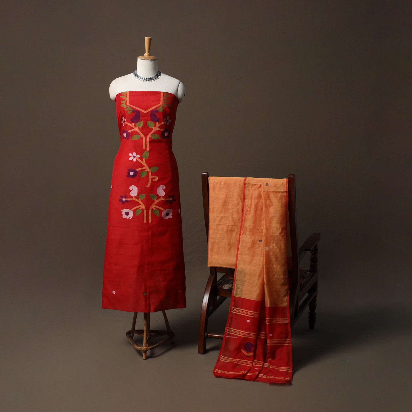 Phulia Jamdani Silk Cotton 3pc Unstitched Dress Material Suit Set 42