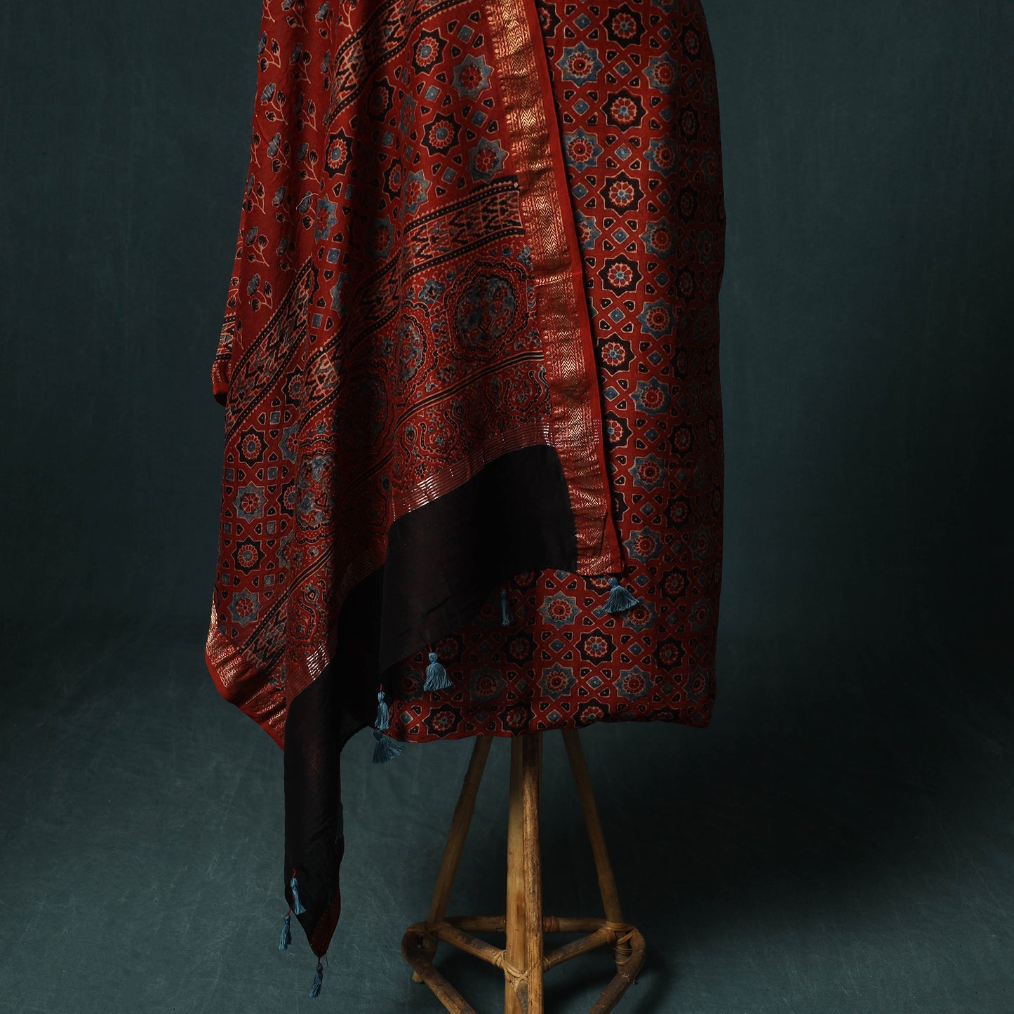 Red - Ajrakh Hand Block Print Natural Dyed Maheshwari Silk 2pc Unstitched Dress Material Kurta Set 21