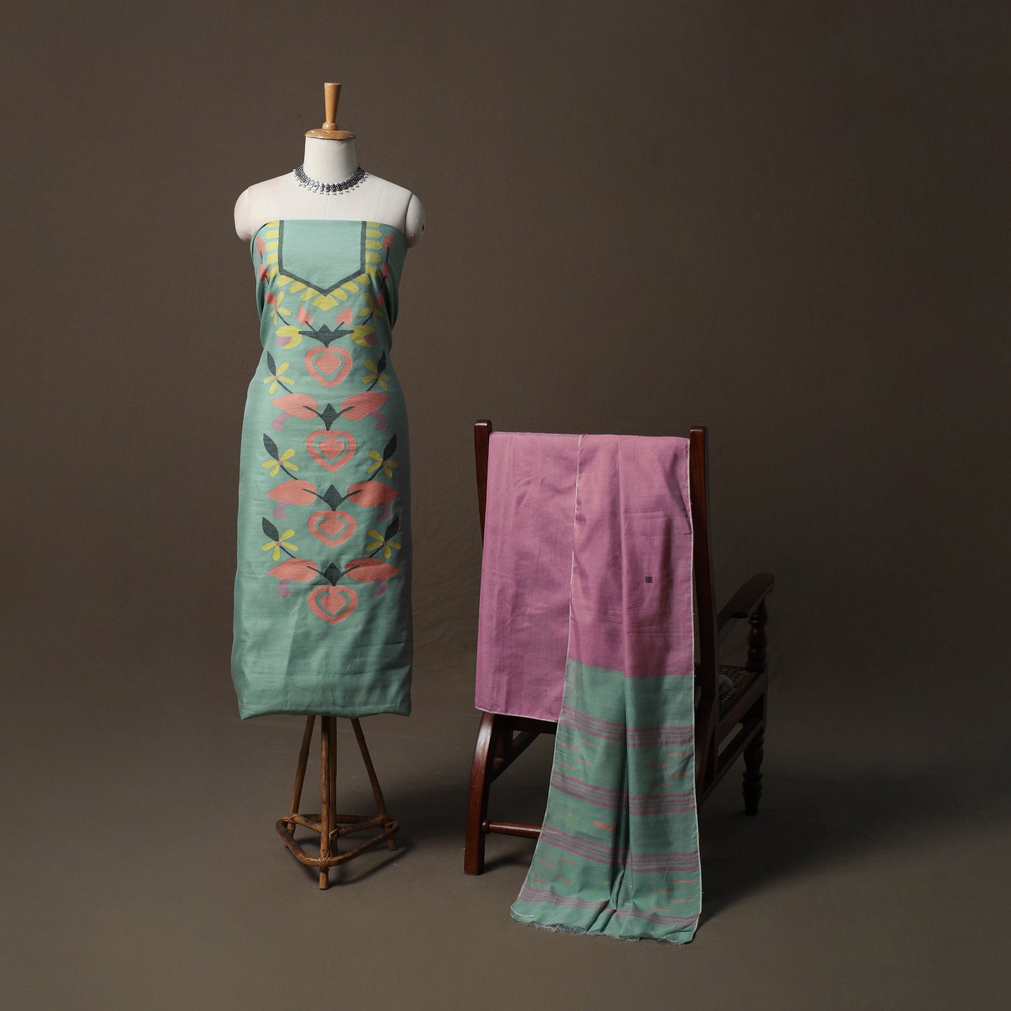 Phulia Jamdani Silk Cotton 3pc Unstitched Dress Material Suit Set 43