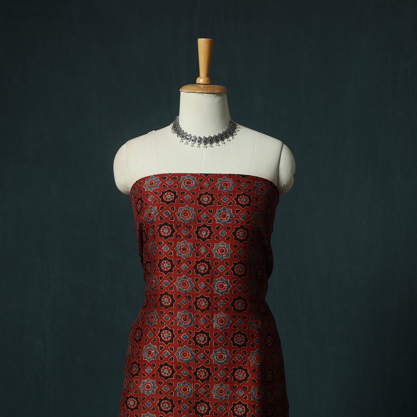 Red - Ajrakh Hand Block Print Natural Dyed Maheshwari Silk 2pc Unstitched Dress Material Kurta Set 21