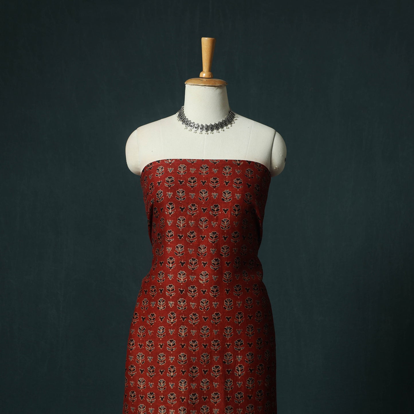 Red - Ajrakh Hand Block Print Natural Dyed Maheshwari Silk 2pc Unstitched Dress Material Kurta Set 23
