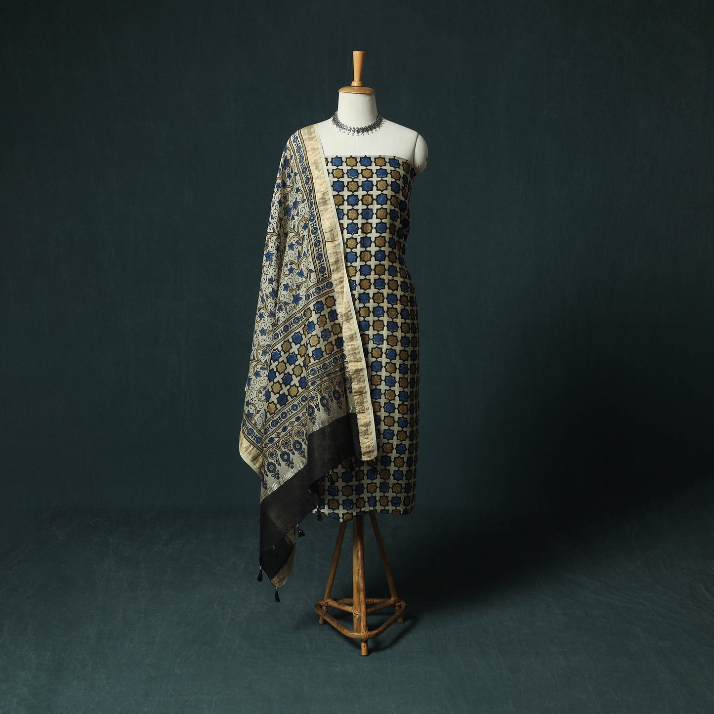 Beige - Ajrakh Hand Block Print Natural Dyed Maheshwari Silk 2pc Unstitched Dress Material Kurta Set 24