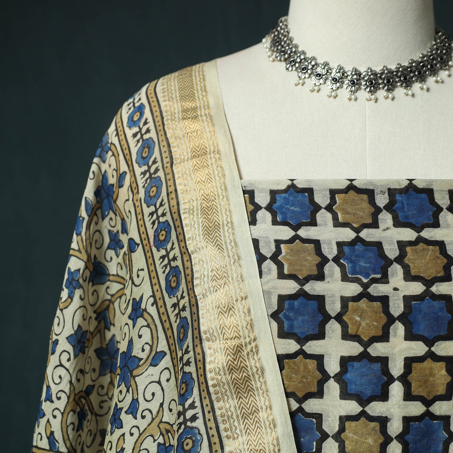 Beige - Ajrakh Hand Block Print Natural Dyed Maheshwari Silk 2pc Unstitched Dress Material Kurta Set 24