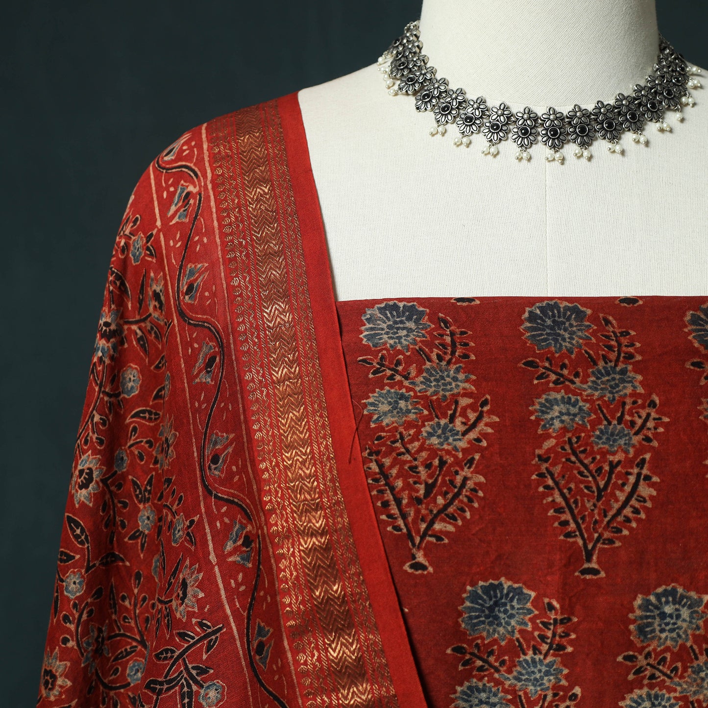 Red - Ajrakh Hand Block Print Natural Dyed Maheshwari Silk 2pc Unstitched Dress Material Kurta Set 25