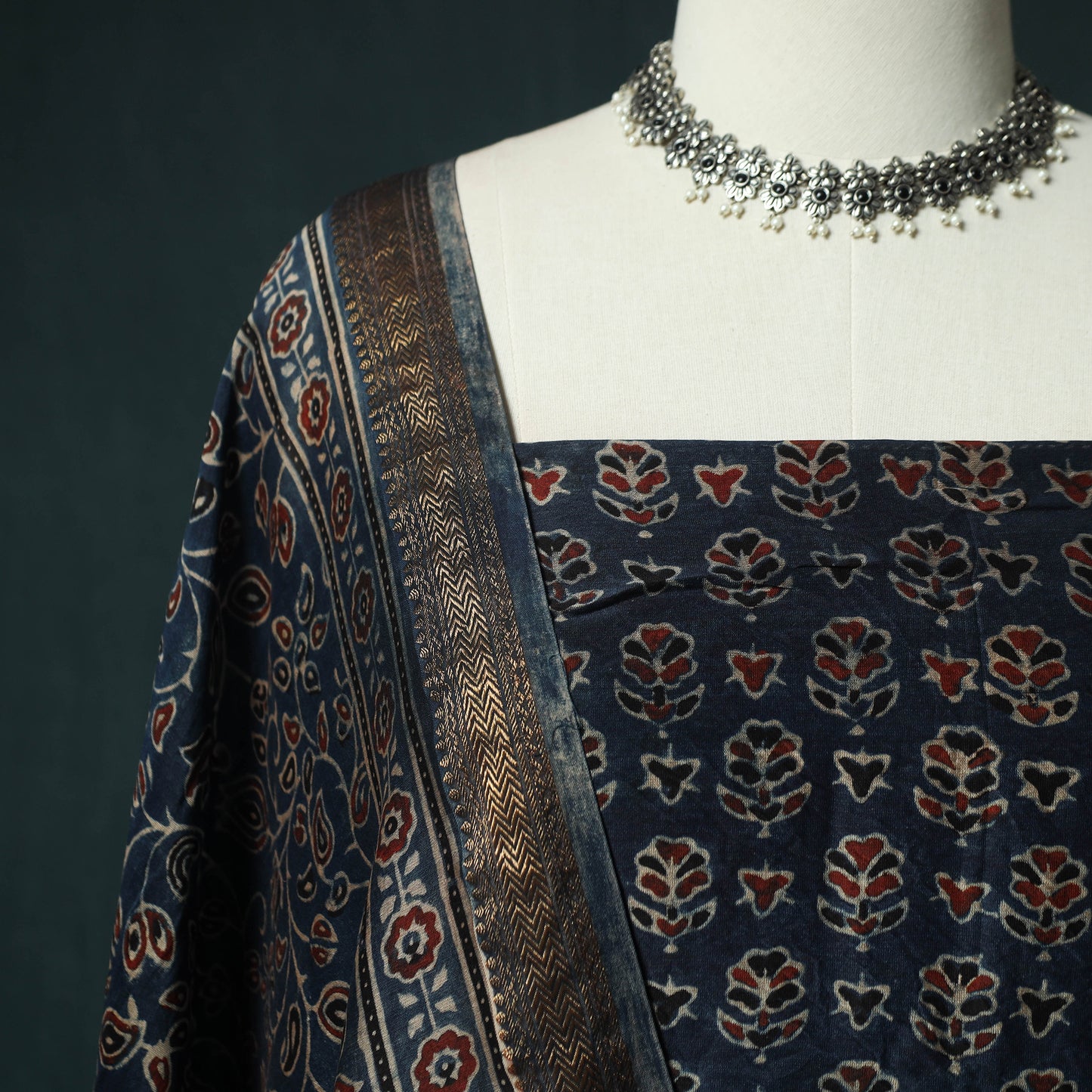 Blue - Ajrakh Hand Block Print Natural Dyed Maheshwari Silk 2pc Unstitched Dress Material Kurta Set 26