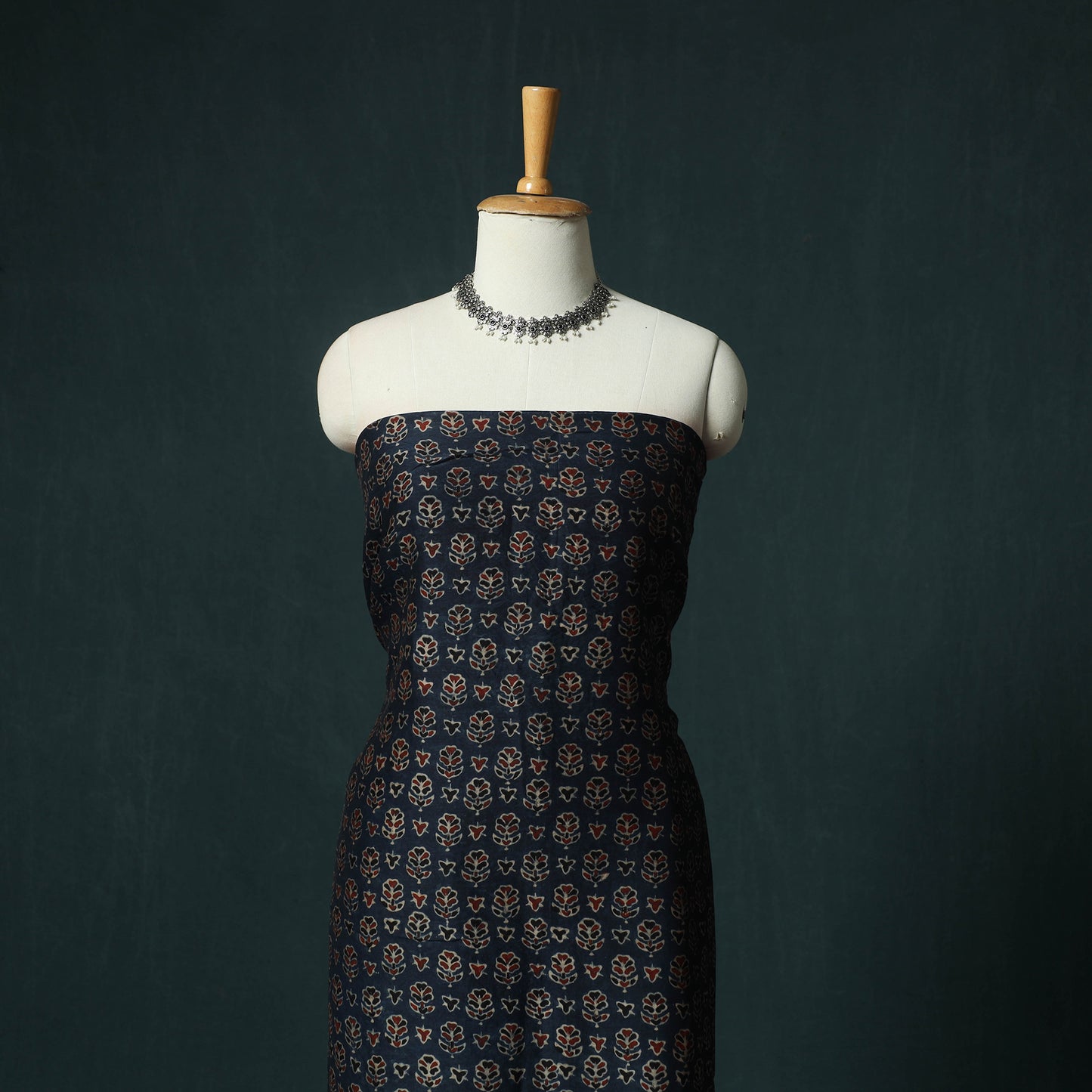 Blue - Ajrakh Hand Block Print Natural Dyed Maheshwari Silk 2pc Unstitched Dress Material Kurta Set 26