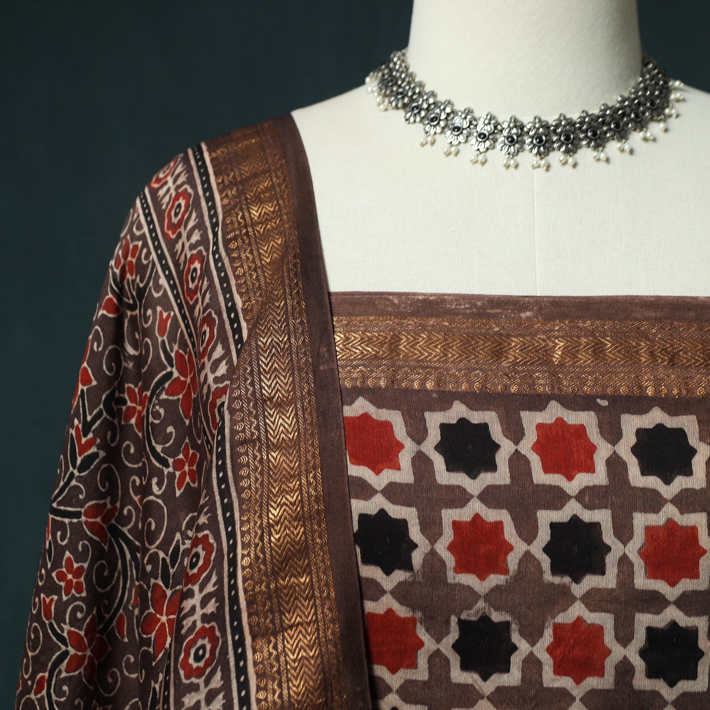 Brown - Ajrakh Hand Block Print Natural Dyed Maheshwari Silk 2pc Unstitched Dress Material Kurta Set 28