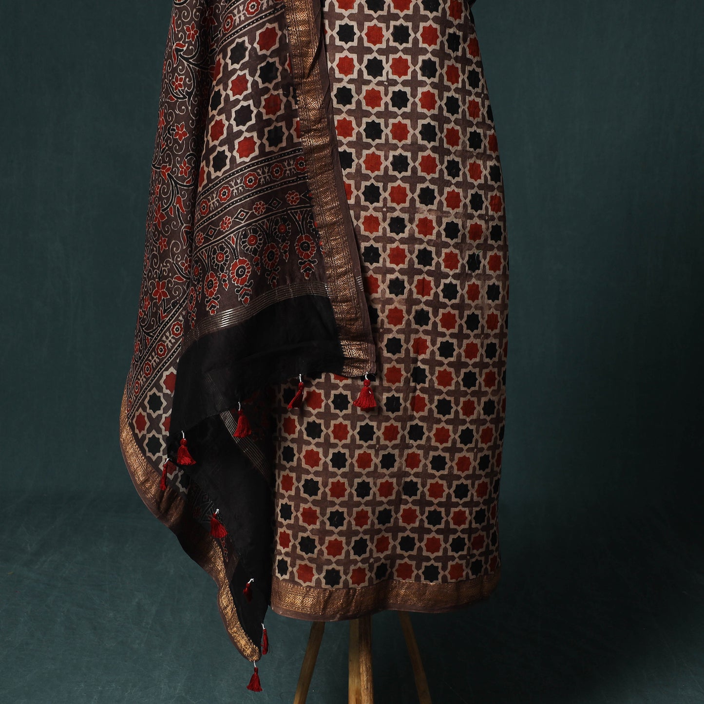 Brown - Ajrakh Hand Block Print Natural Dyed Maheshwari Silk 2pc Unstitched Dress Material Kurta Set 28