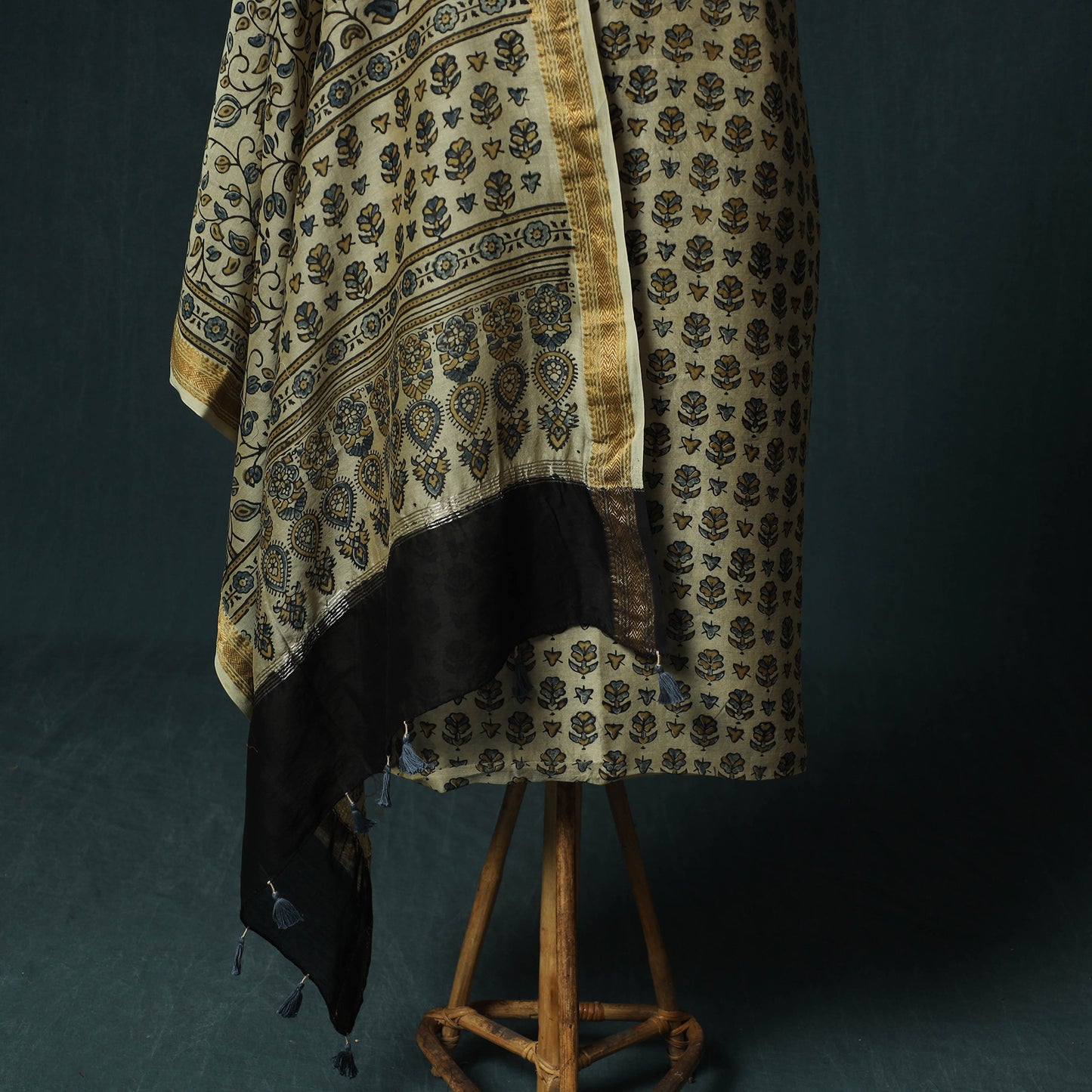 Beige - Ajrakh Hand Block Print Natural Dyed Maheshwari Silk 2pc Unstitched Dress Material Kurta Set 29
