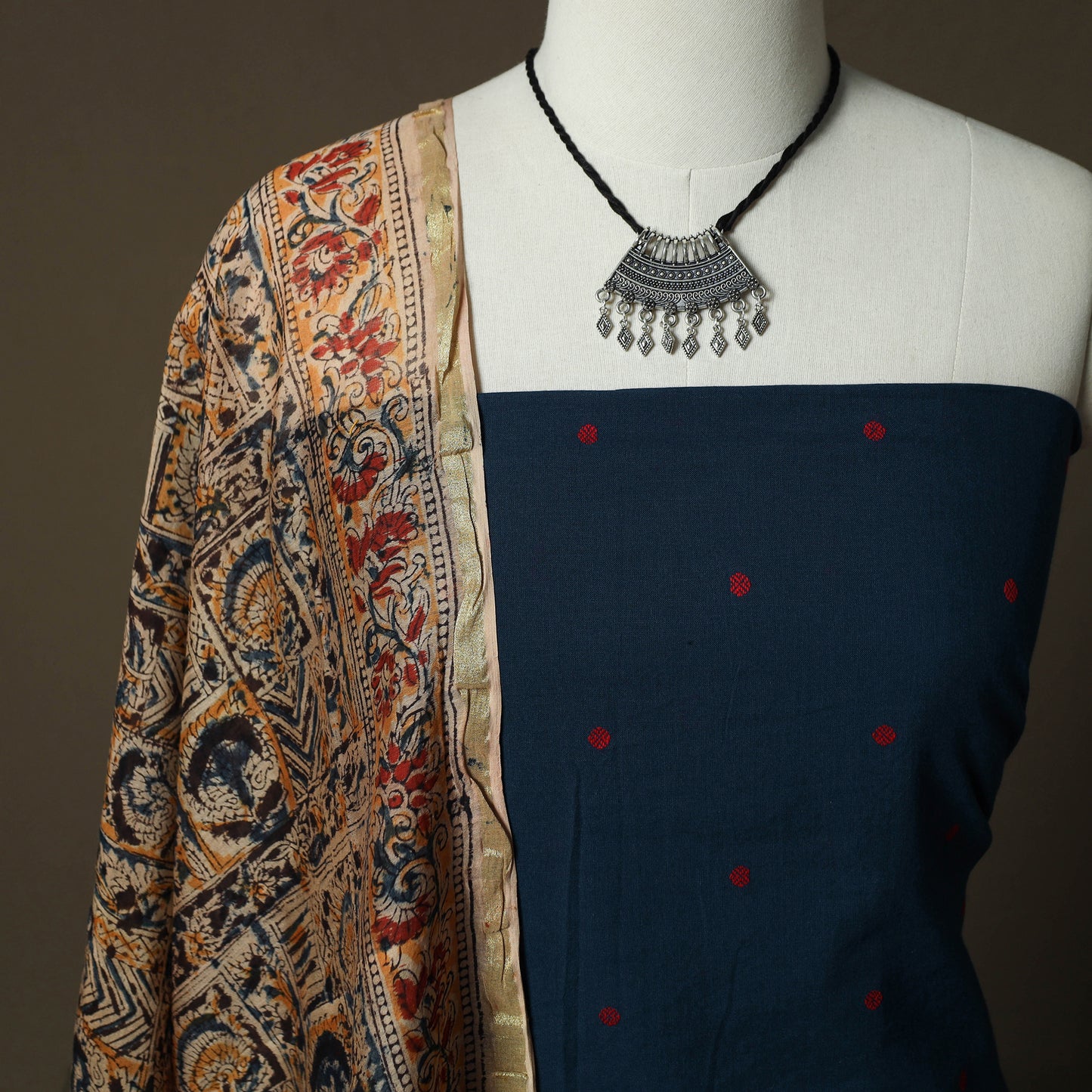 Jacquard Woven Cotton 2pc Unstitched Dress Material Kurta Set with Jewellery 11