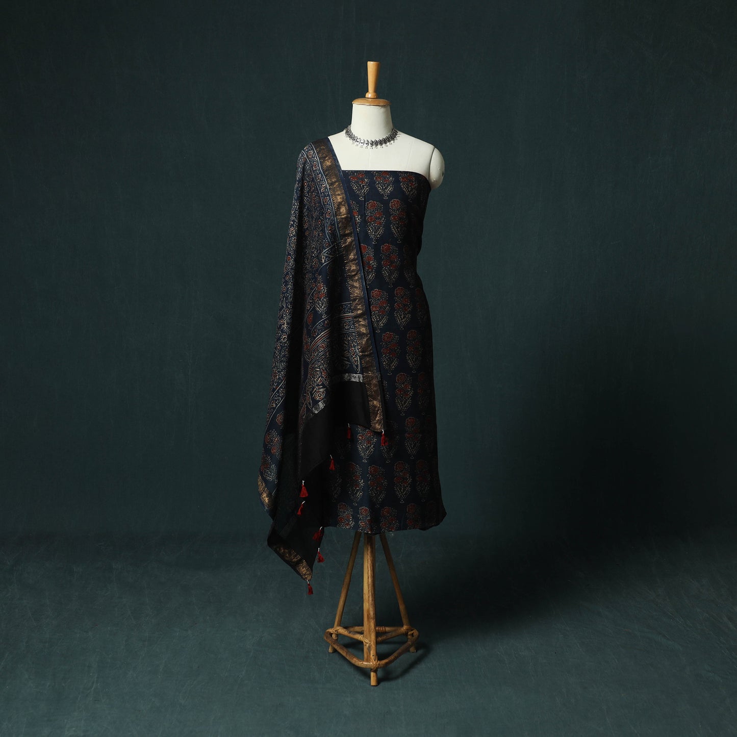 Blue - Ajrakh Hand Block Print Natural Dyed Maheshwari Silk 2pc Unstitched Dress Material Kurta Set 31
