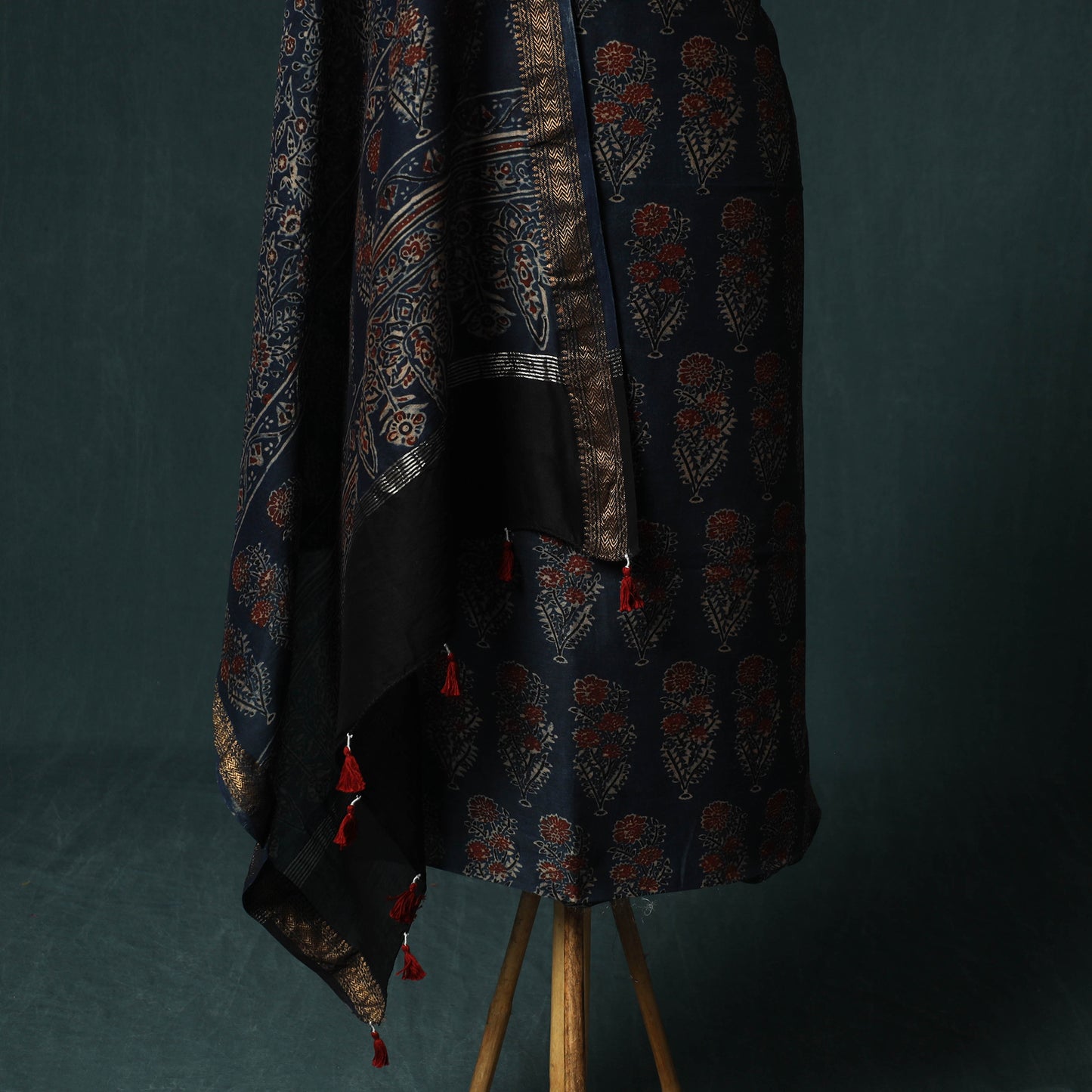 Blue - Ajrakh Hand Block Print Natural Dyed Maheshwari Silk 2pc Unstitched Dress Material Kurta Set 31