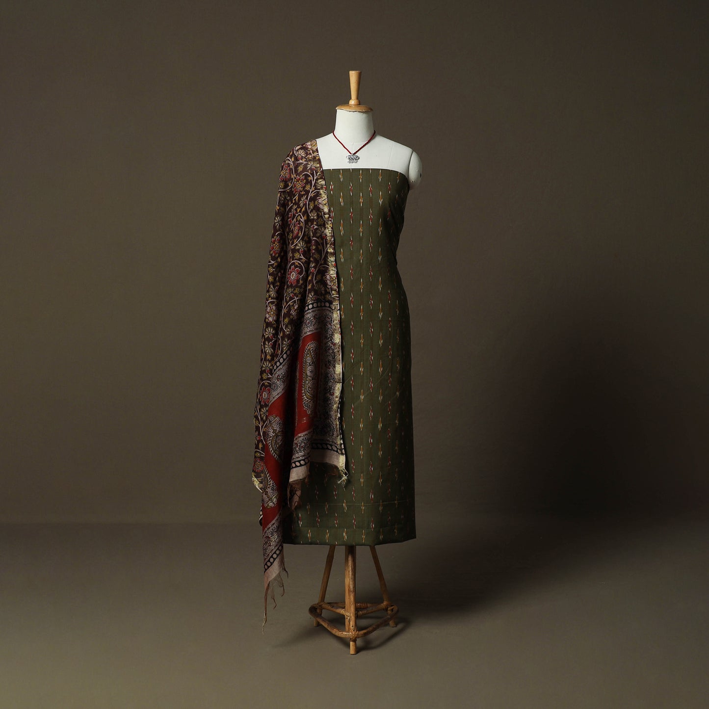 Pochampally Ikat Weave Cotton 2pc Unstitched Dress Material Kurta Set with Jewellery 12