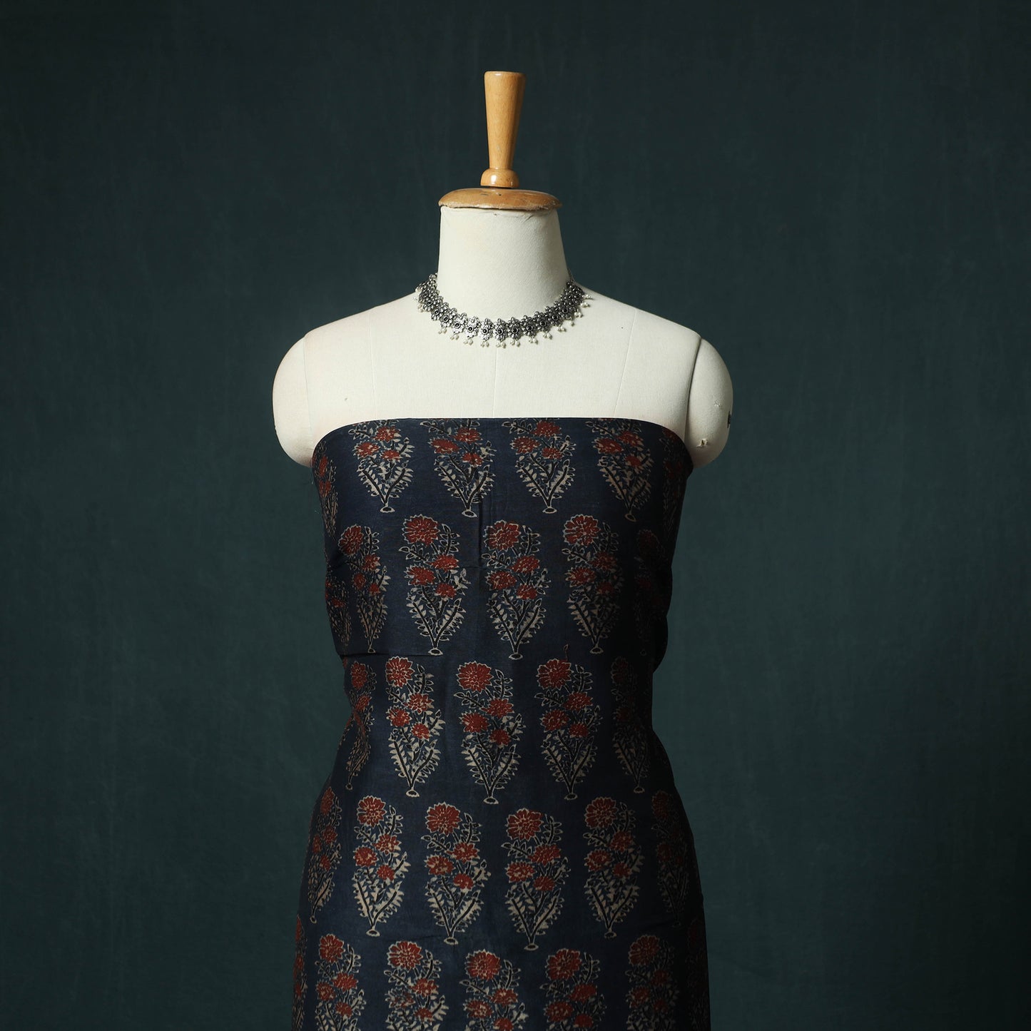 Blue - Ajrakh Hand Block Print Natural Dyed Maheshwari Silk 2pc Unstitched Dress Material Kurta Set 31