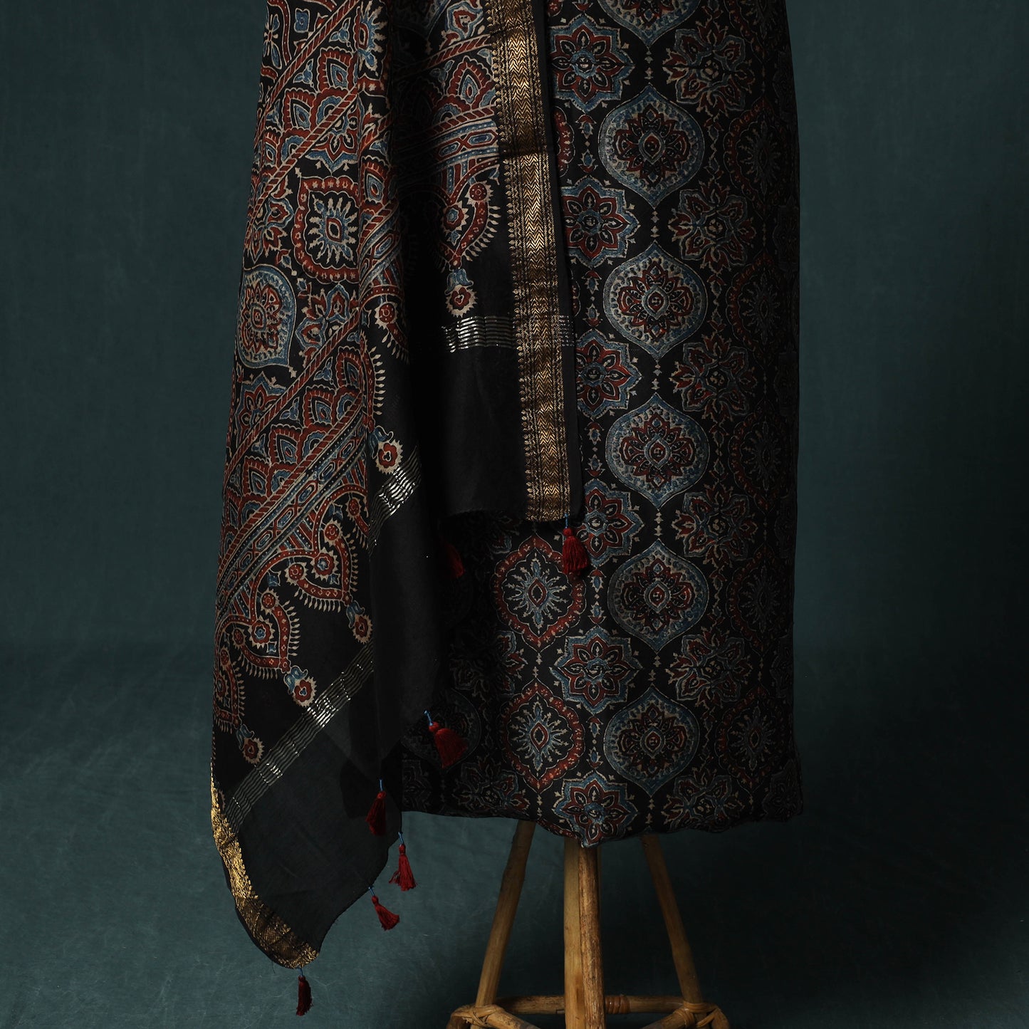 Black - Ajrakh Hand Block Print Natural Dyed Maheshwari Silk 2pc Unstitched Dress Material Kurta Set 33