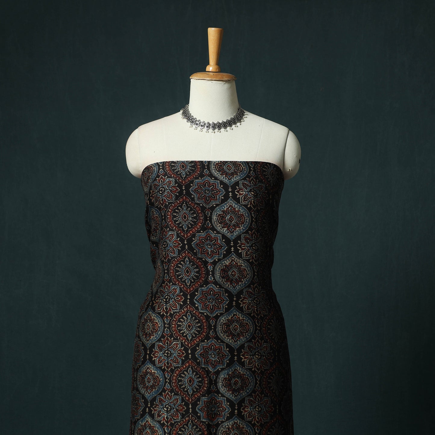 Black - Ajrakh Hand Block Print Natural Dyed Maheshwari Silk 2pc Unstitched Dress Material Kurta Set 33