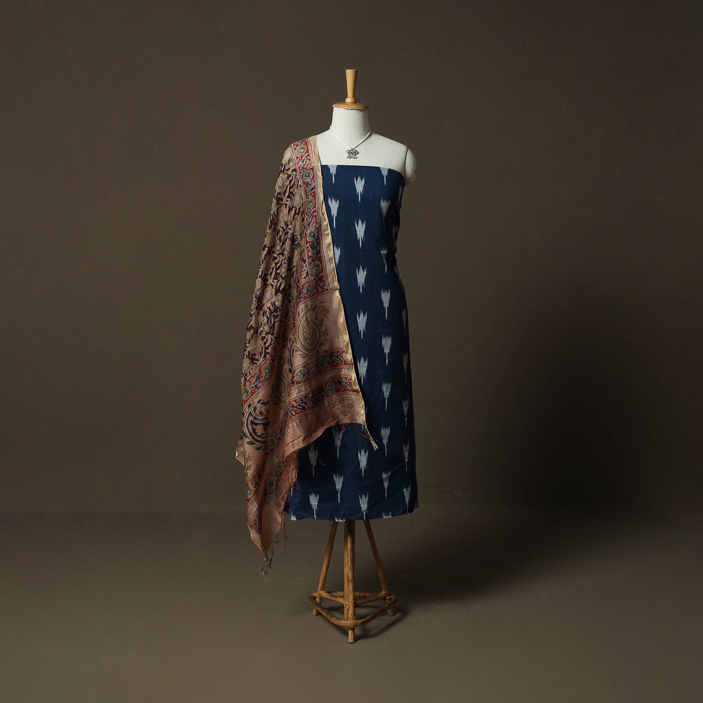 Pochampally Ikat Weave Cotton 2pc Unstitched Dress Material Kurta Set with Jewellery 15