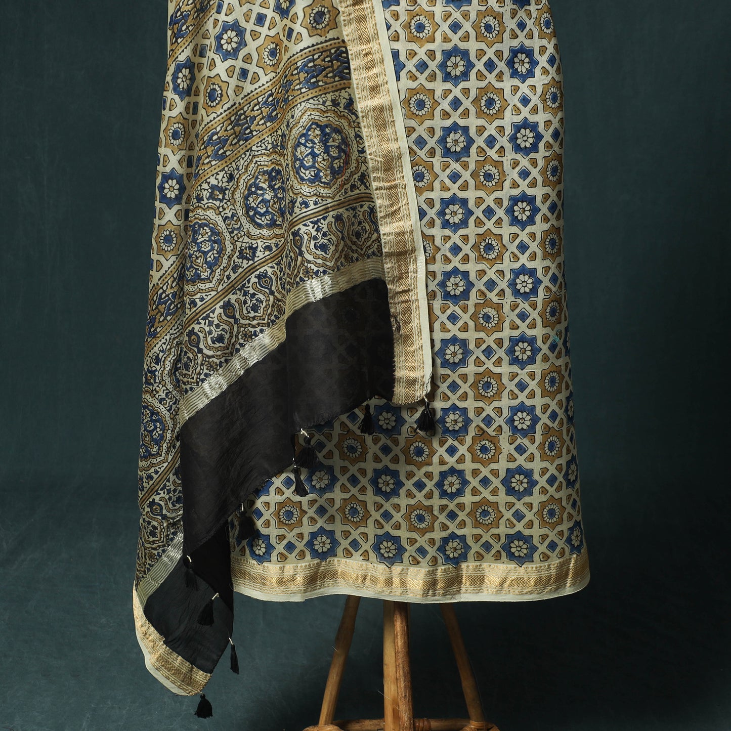 Beige - Ajrakh Hand Block Print Natural Dyed Maheshwari Silk 2pc Unstitched Dress Material Kurta Set 34