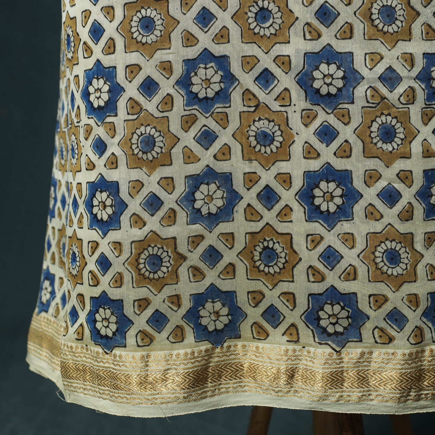Beige - Ajrakh Hand Block Print Natural Dyed Maheshwari Silk 2pc Unstitched Dress Material Kurta Set 34