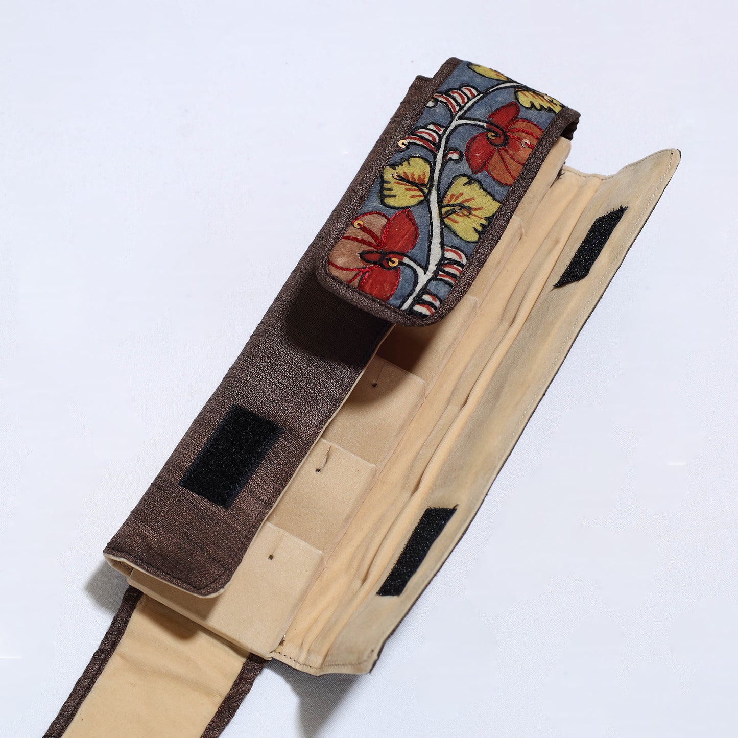 Brown Handpainted Kalamkari Natural Dyed Ghicha Silk Earrings Pouch 22