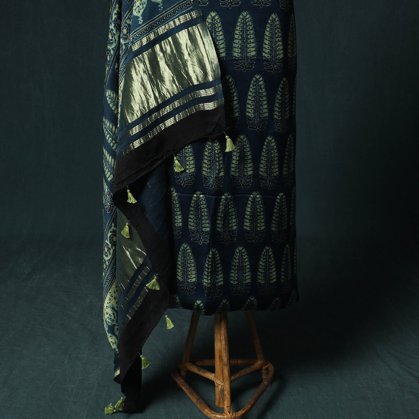 Blue - Ajrakh Hand Block Print Natural Dyed Modal Silk 2pc Unstitched Dress Material Kurta Set 35