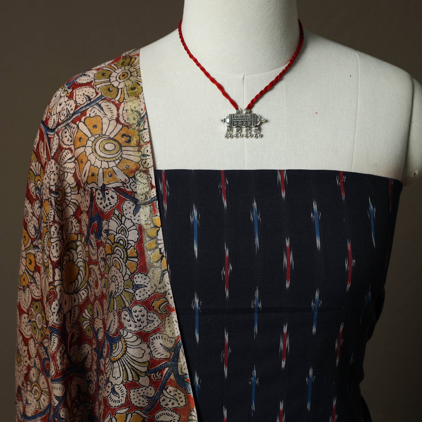 Pochampally Ikat Weave Cotton 2pc Unstitched Dress Material Kurta Set with Jewellery 17