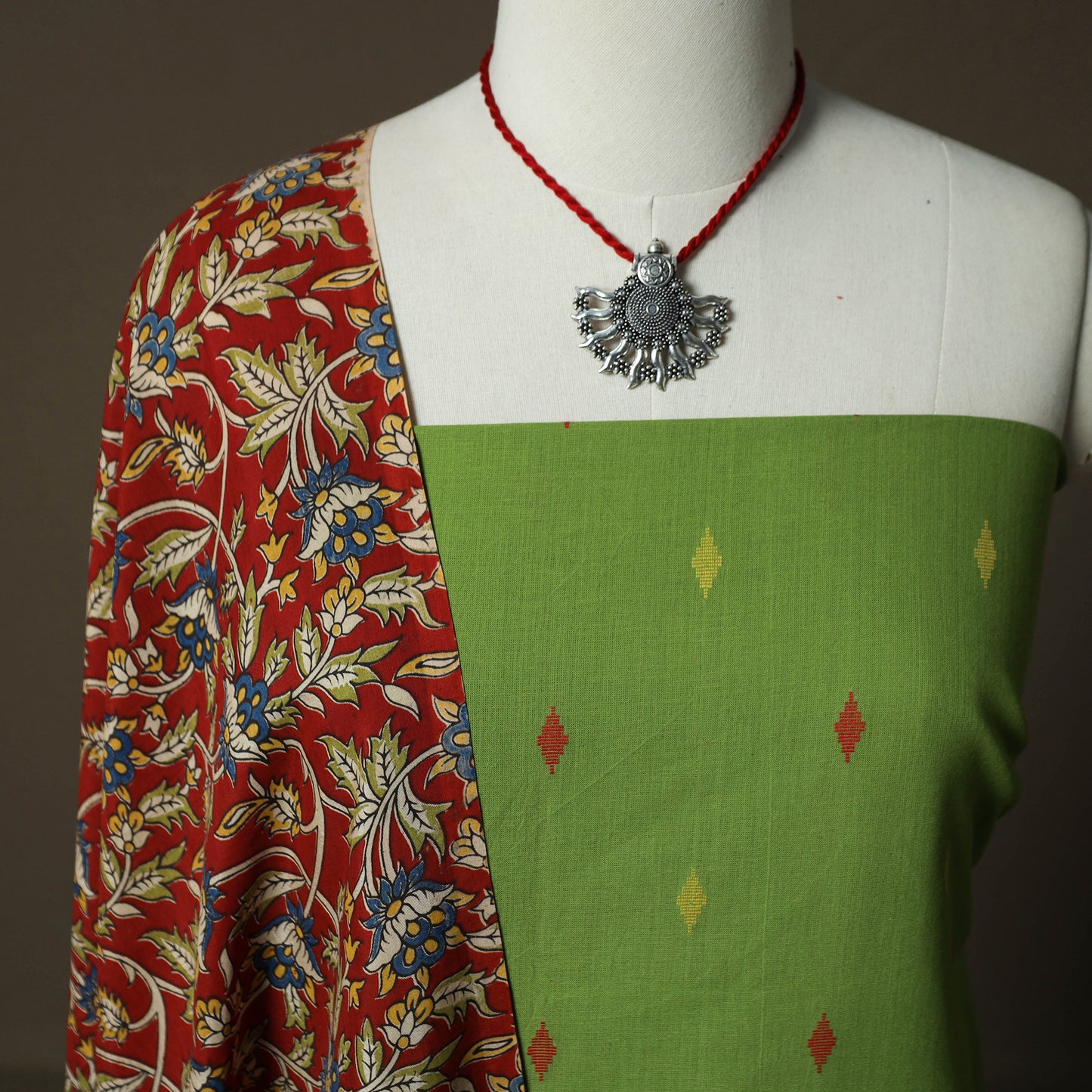 Jacquard Woven Cotton 2pc Unstitched Dress Material Kurta Set with Jewellery 18