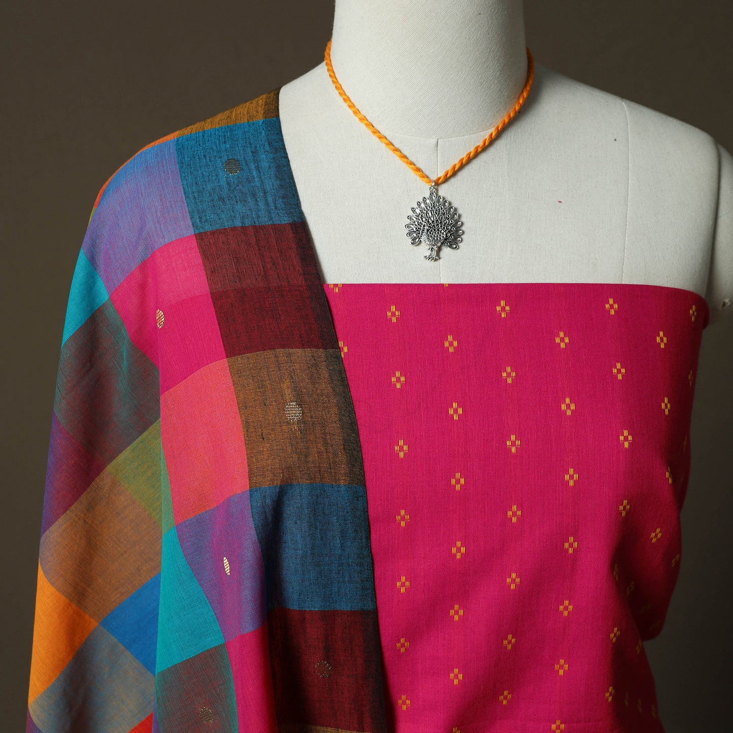 Jacquard Woven Cotton 2pc Unstitched Dress Material Kurta Set with Jewellery 20