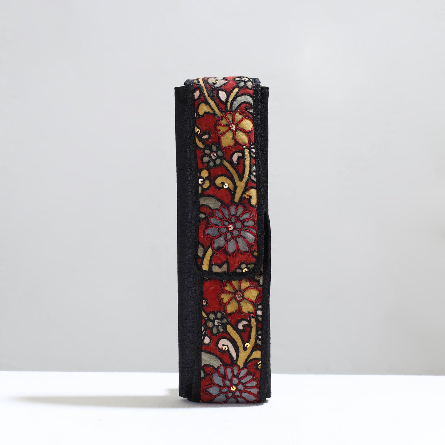 Black Handpainted Kalamkari Natural Dyed Ghicha Silk Earrings Pouch 09