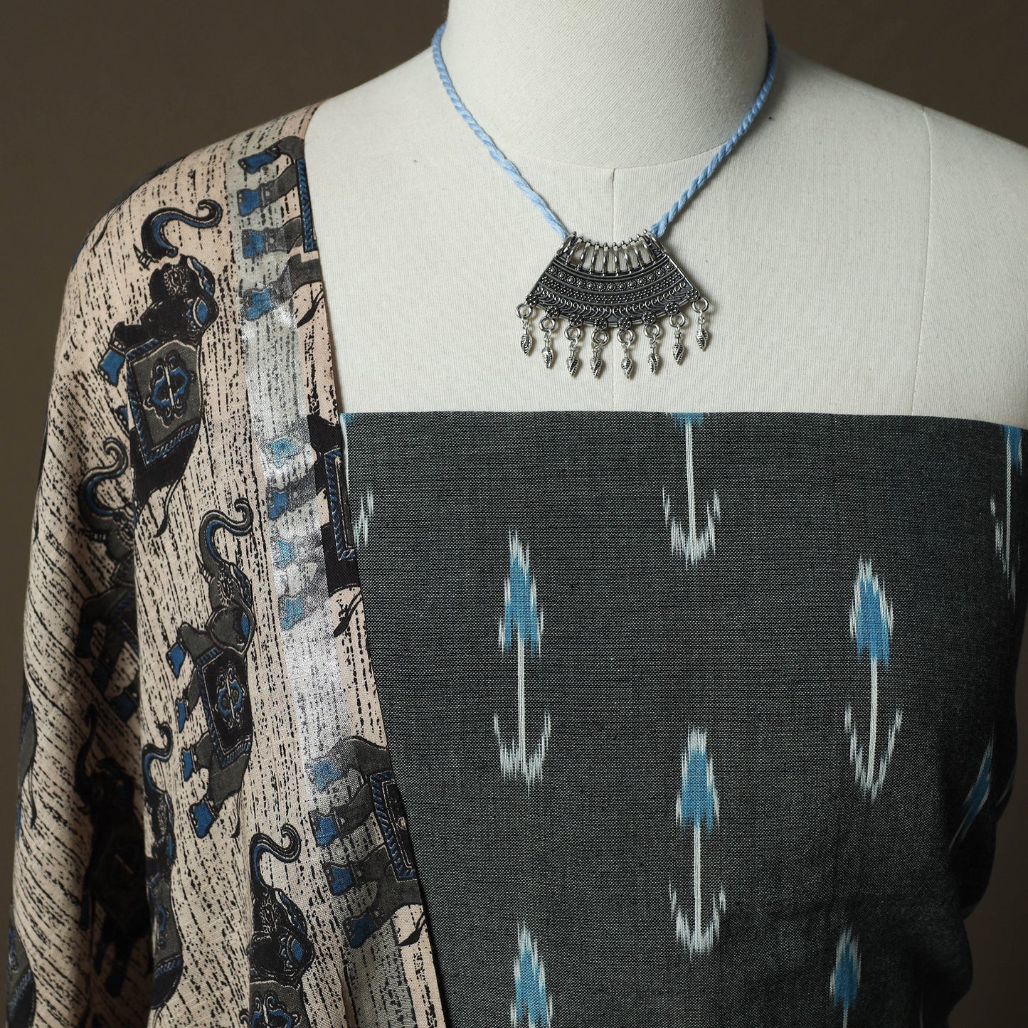 Pochampally Ikat Weave Cotton 2pc Unstitched Dress Material Kurta Set with Jewellery 21