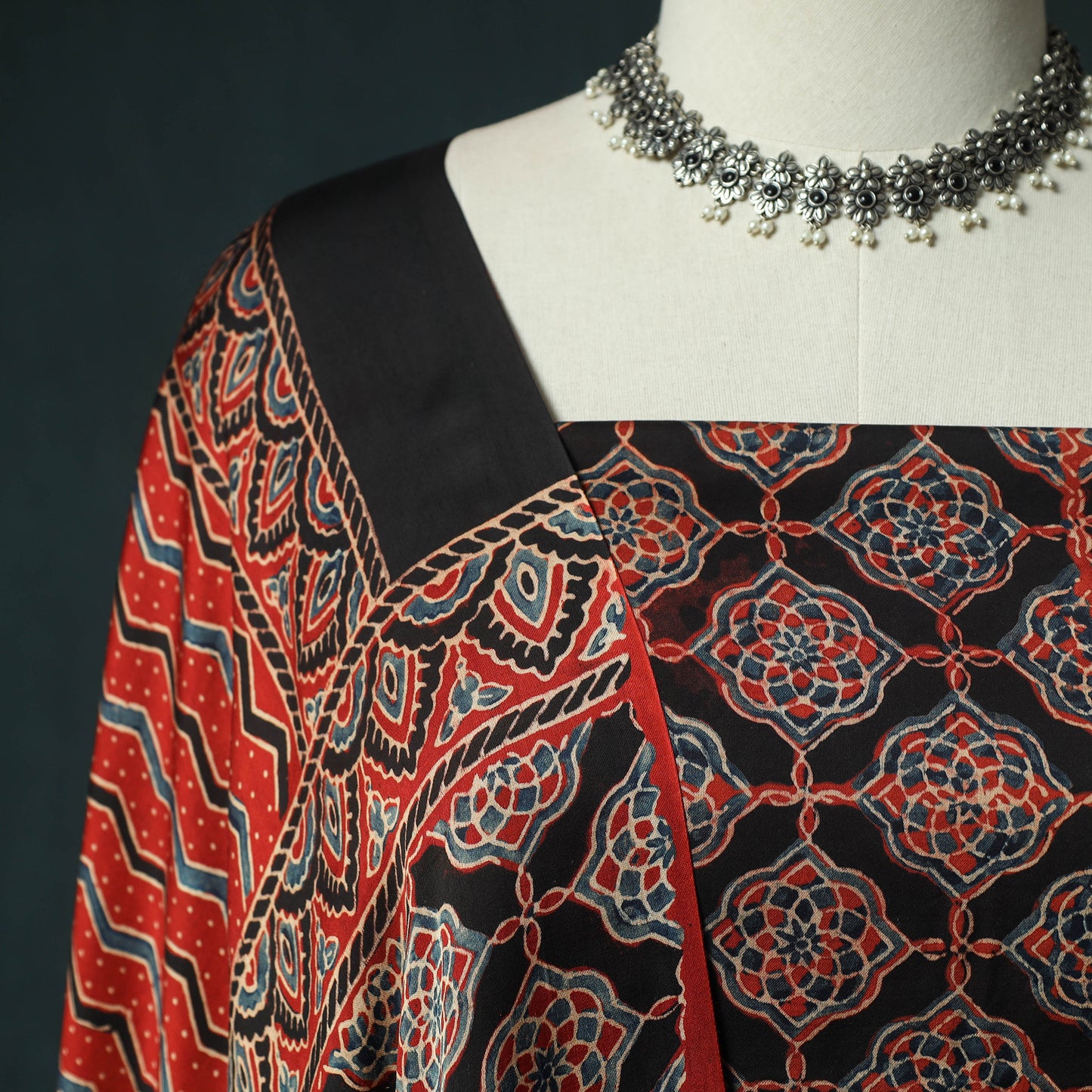 Black - Ajrakh Hand Block Print Natural Dyed Modal Silk 2pc Unstitched Dress Material Kurta Set 40